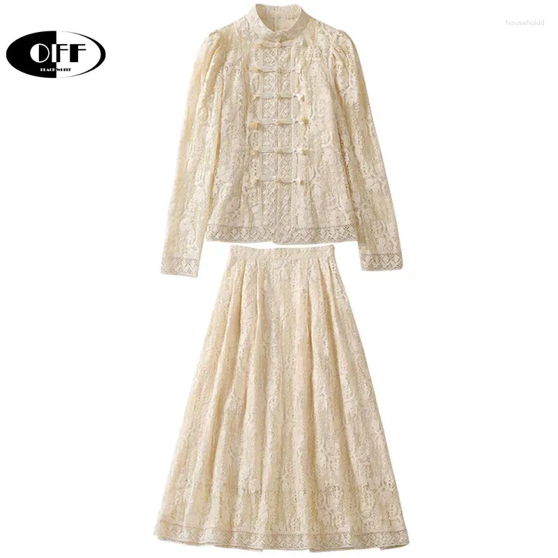 Werkjurken OFF Design Mode Chique Kant Vintage Overhemd Blouses Slanke Midi Lange Rokken Set Runway Feest Bruiloft Elegant Luxe Prachtig