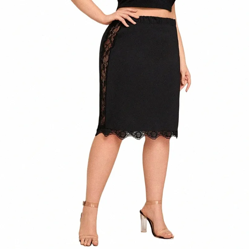 plus Size Elastic Waist Sexy Summer Elegant Bodyc Skirt Women Lace Trim Black Busin Casual Midi Skirt Work Office Skirt 6XL W3eg#