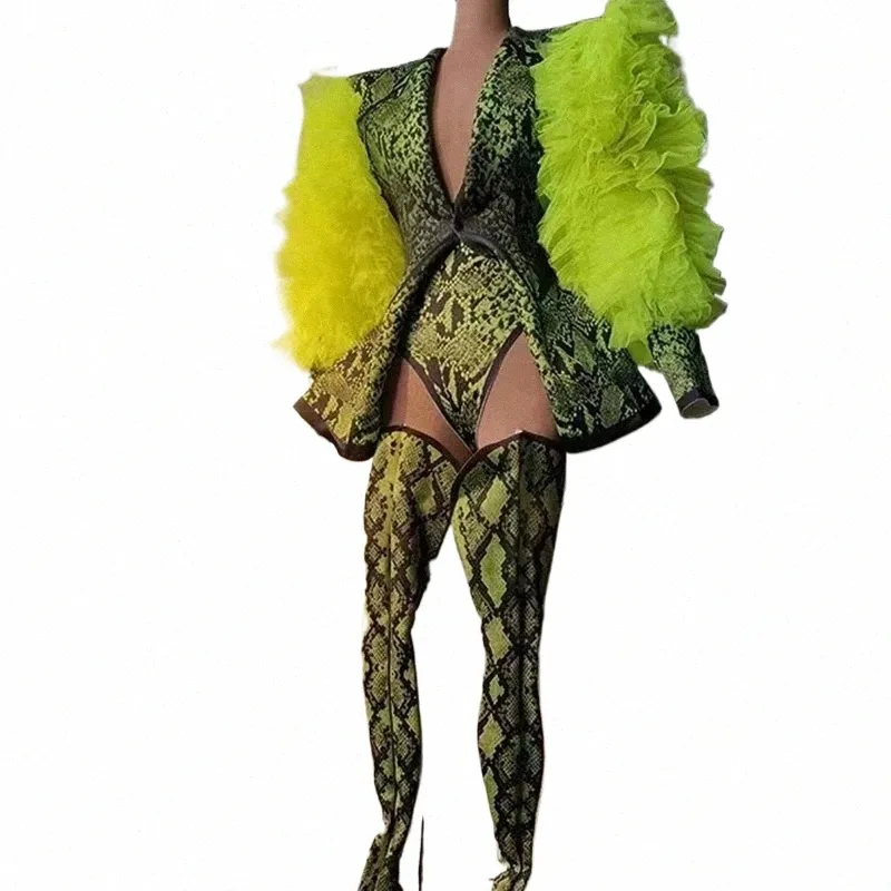 Costume de danse de spectacle vert, manches bouffantes en maille, imprimé serpent, tenue de soirée Sexy en boîte de nuit, Costume Ds w965 #