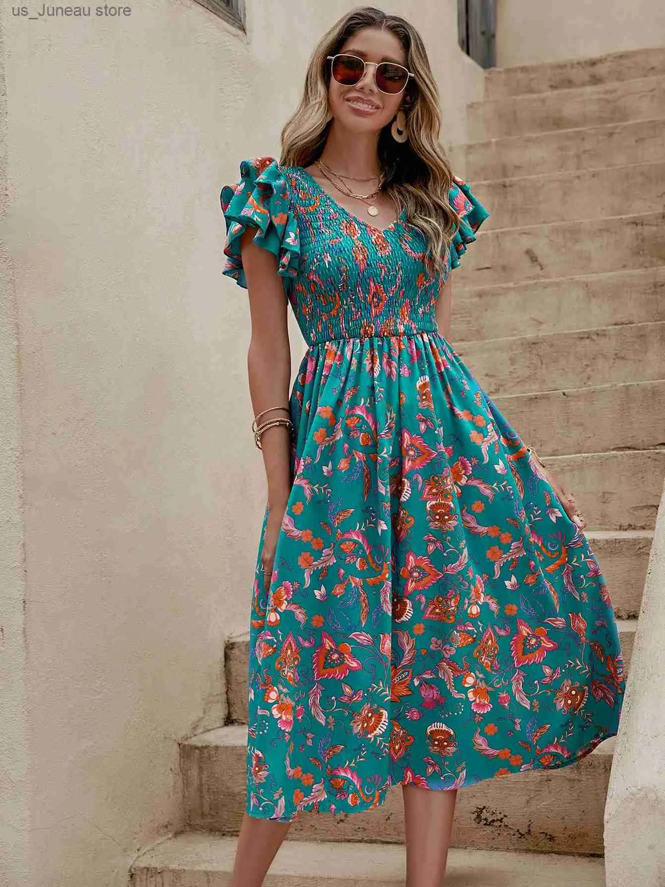 Vestidos casuales básicos Vestido midi con estampado floral de verano Moda para mujer Vestido de playa delgado con volantes Vestido casual elegante Grn Una línea Nuevo en vestidos 2024 T240330