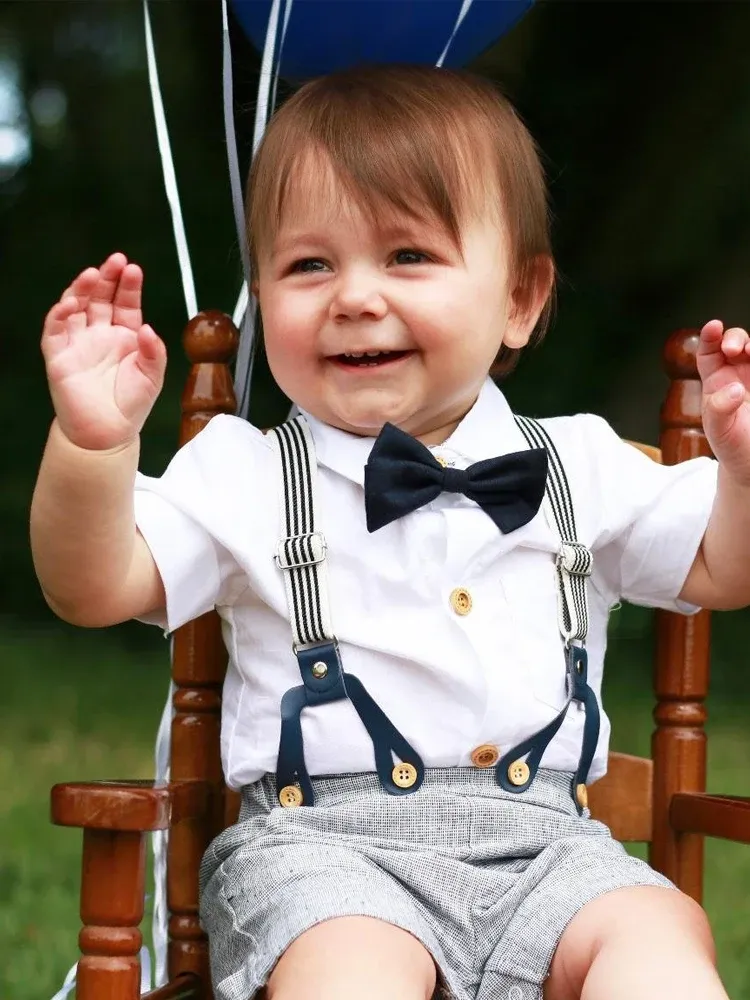 infant dress shirt and tie Bagilaanoe 3Pcs Newborn Baby Boys Dressy Outfit Sets Long Sleeve Shirt Tops with Bow Tie + Suspender Pants + Hat 3M 6M 12M 18M 24M Infant Gentleman