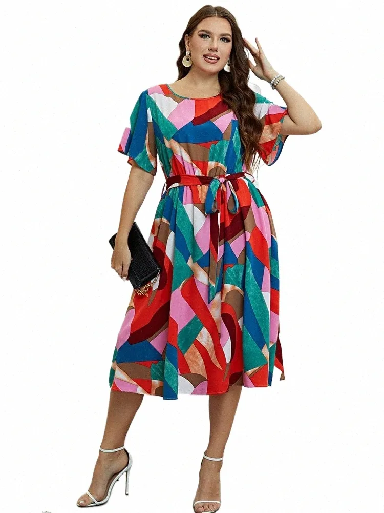 GIBSIE GEO PRINT O-NECK BELTED MIDI DRES PLUSサイズ夏の半袖女性fiヴィンテージAラインカジュアルDR 2023 NEW J4PX＃