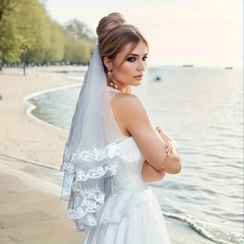 Two-tiered Elegant White Veil plus a “Bride” headband Two Tier Pearl Beaded Headband Veil | David main image 2