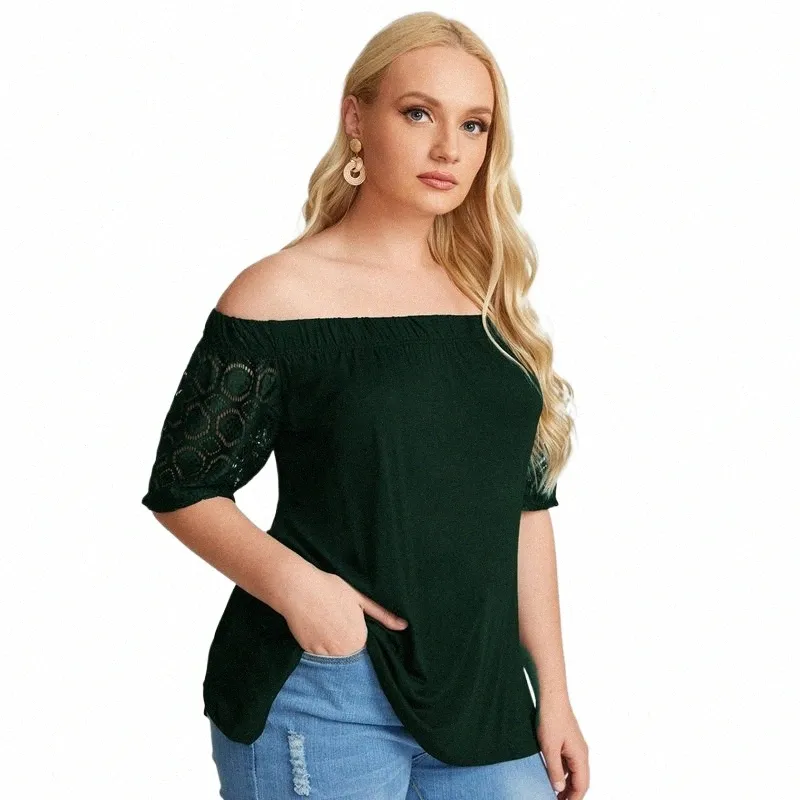 plus Size Sexy Sl Neck Elegant Summer Top Women Lace Patchwork Half Sleeve Casual Blouse T-shirt Tee Plus Size Clothing 6XL Z4gY#
