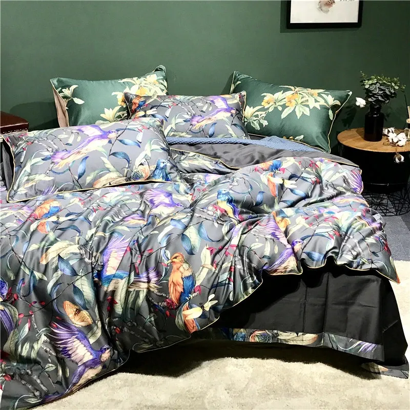 600TC Egyptian Cotton Flower Bird Digital Printing Bedding Sets 4pcs Bed Linen Duvet Cover Set Luxury Sheets Pillowcases #s 240328