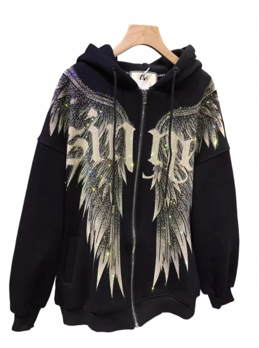 Plus Size Rhineste Wing Luxo Zip Up Hoodies para Mulheres Homens Inverno Fleece Grosso Quente Lg Manga Hip Hop Moletons Com Capuz i5IP #