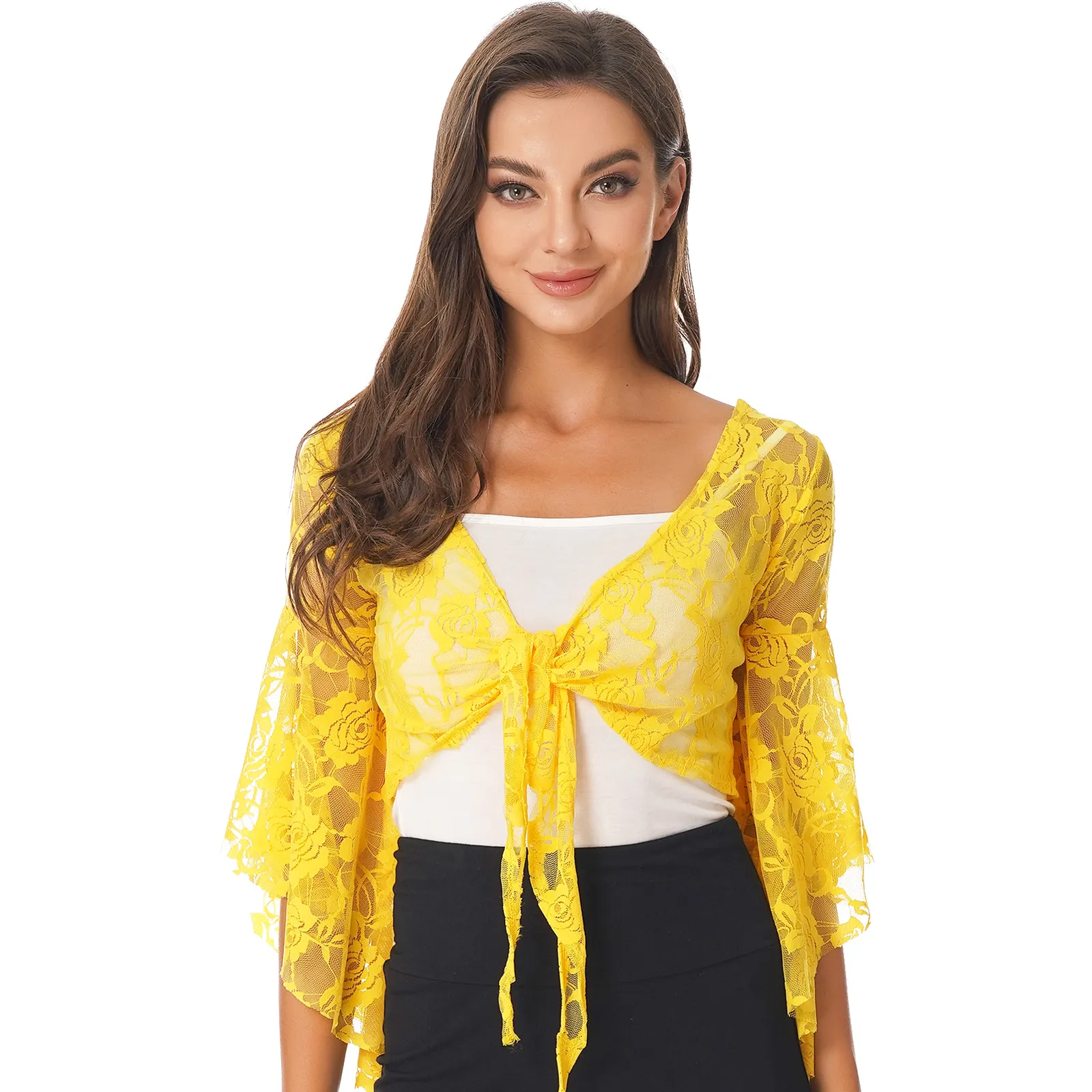 Alluring Lace 3/4 Sleeve Belly Dance Bolero Shrug Open Front