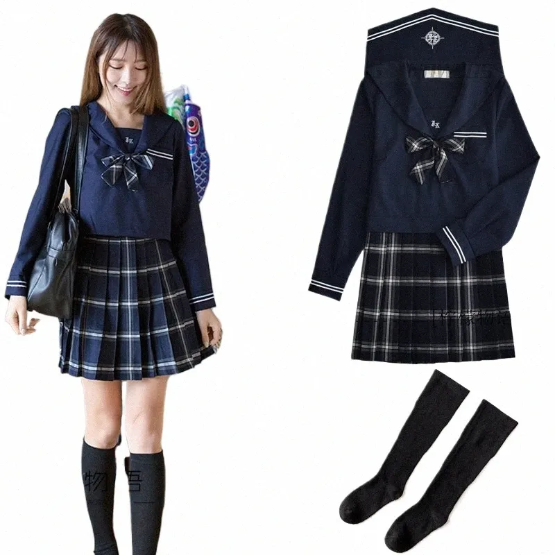 Scuola giapponese JK Uniforme Set Collare da marinaio Gonna scozzese nera Top blu scuro Abiti Estate Autunno Studenti Ragazze Set da 3 pezzi Quotidiano o8Ta #