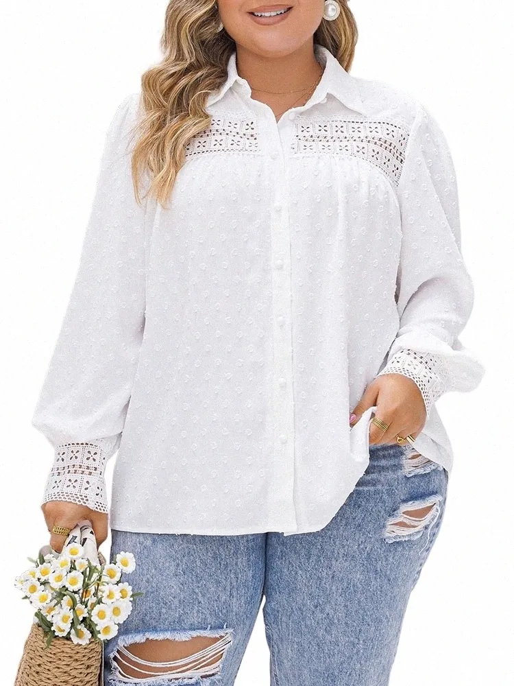 Gibsie Plus Size Swiss Dot Hollow Out Camisa blanca Mujer LG Manga Fi Tops sueltos Primavera Blusas de un solo pecho Camisas l5bW #