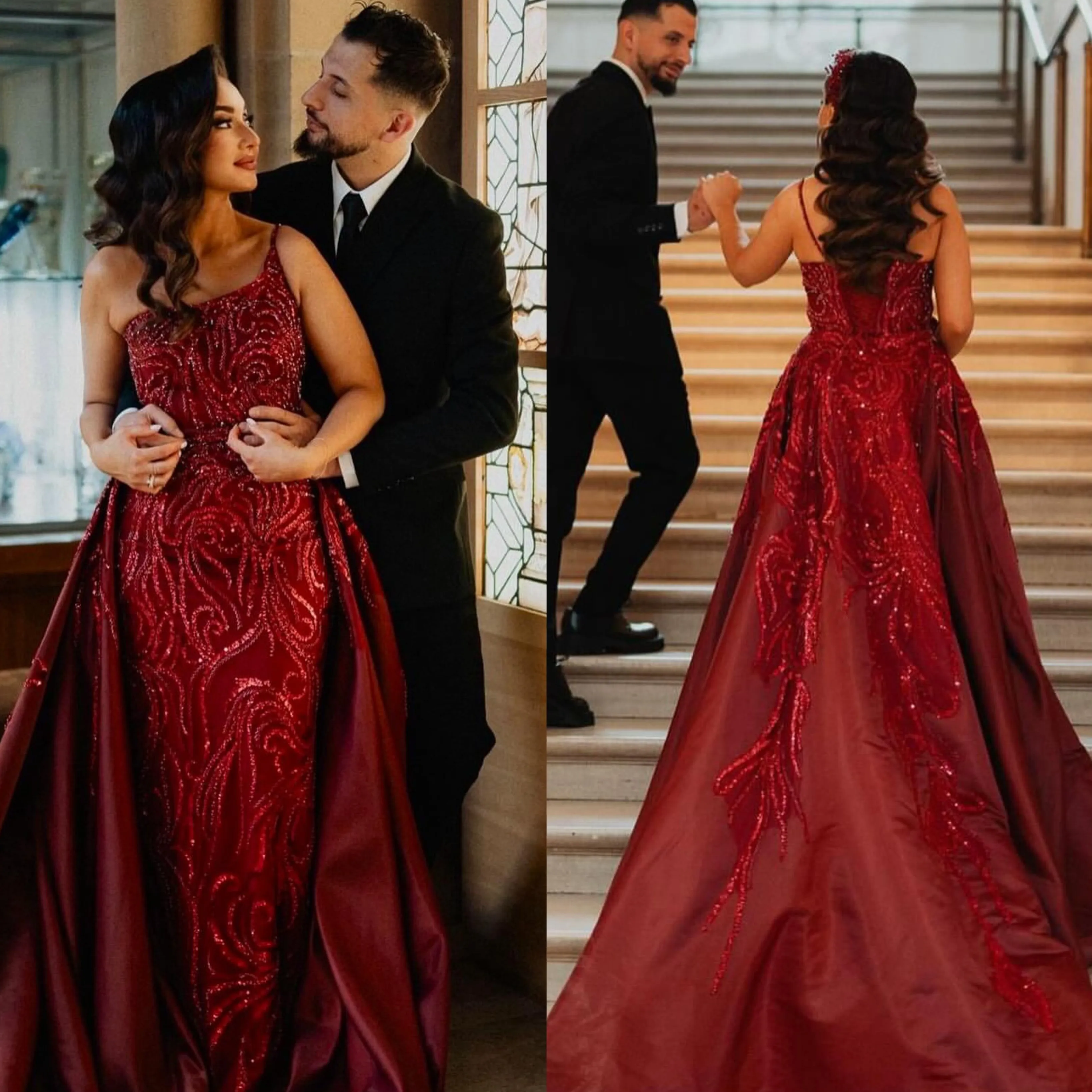 Burgundy sequins Evening Dresses elegant with overskirts beaded Prom Dress lace up back sweep train arabic Qatar Formal dresses for special occasion