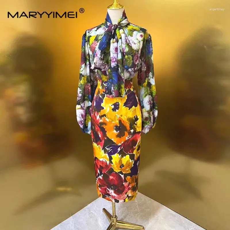 Sukienki robocze Maryyimei Fashion Runway Projektantka Kobieta w 2024 sprężynowy szalik z nadrukiem jedwabny shir split biodro spódnica 2-częściowy zestaw