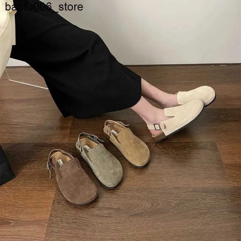 Sandaler täcker häl kvinnors sant lädersko glid sommar loafers pantofle låg plattform bild 2023 gummi häl romerska grundläggande s q240330