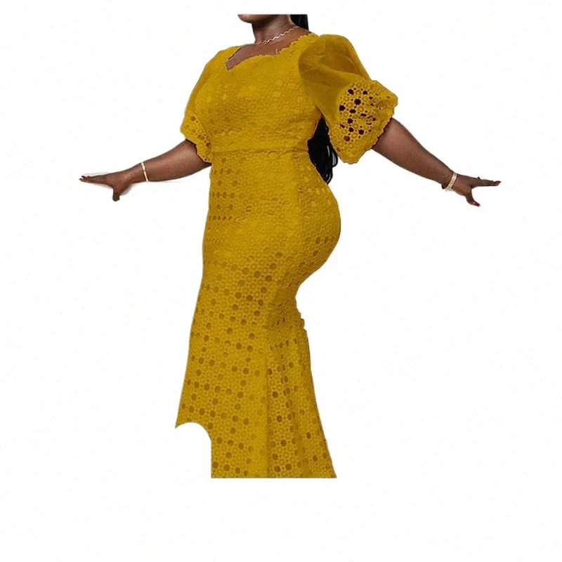 Kvinnor FI Plus Size Dr Half Sleeve Hollow Floor Längd Hög midja American African Style Street Beat Kvinna Dr S2TN#