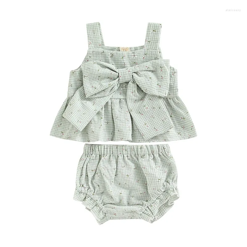 Ensembles de vêtements pour bébés filles, short à fleurs, tenue d'été 2 pièces, imprimé à carreaux, nœud papillon, débardeur sans manches, costume à volants