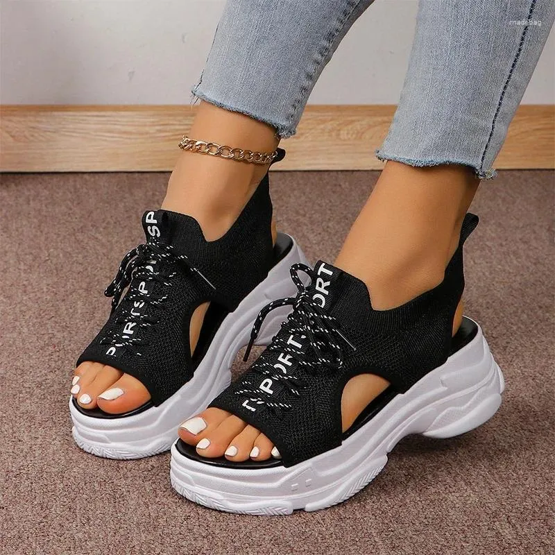 Sandaler Platform Flats Mesh Women Sport Shoes Sneakers Summer 2024 Casual Walking Fashion Lace Up Beach Mujer Zapatos