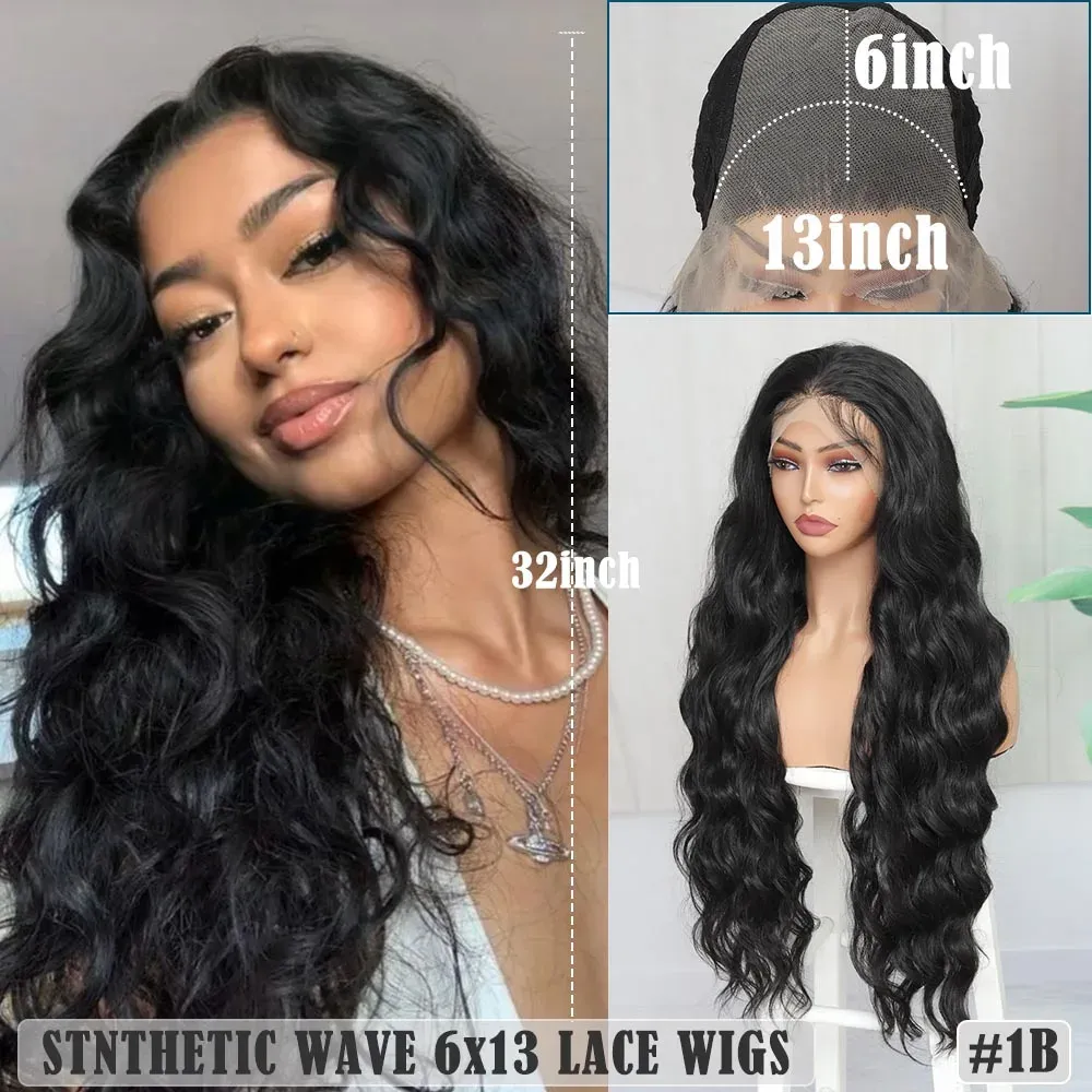 Wigs SOKU 13x6 13x4 Synthetic Lace Front Wigs 32 Inches Long Body Wave Fluffy Trendy Wig for Black Women Pre Plucked with Baby Hair