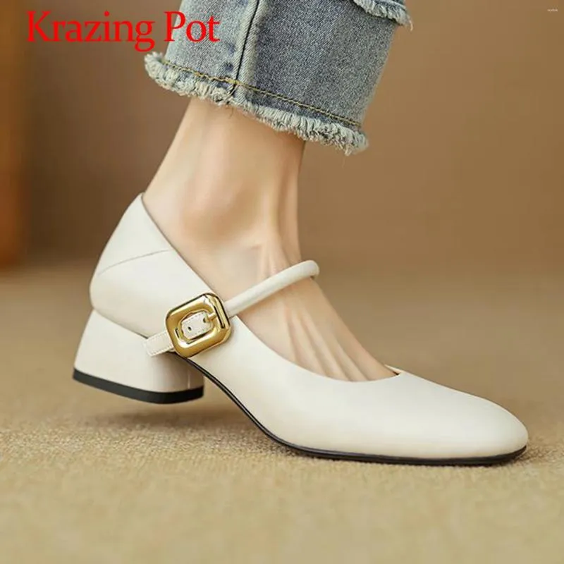 Casual Shoes Krazing Pot Cow Leather Buckle Straps Low Heels Summer Office Lady Fashion Round Toe Mary Janes Daily Wear Fairy Women Pumps
