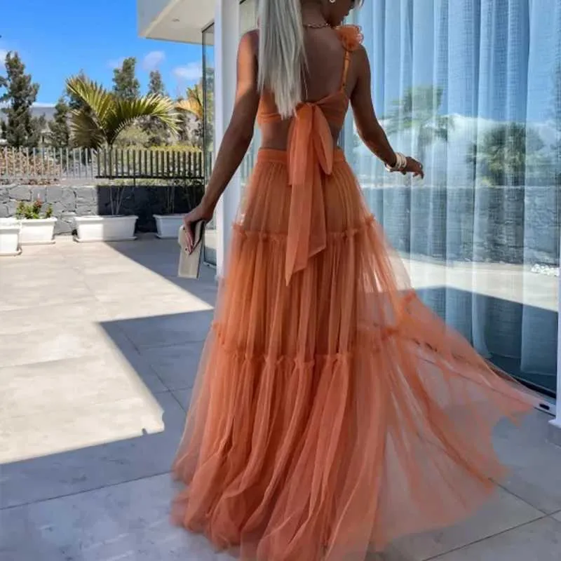 Women's V-Neck Suspender Dress, Sexy Backless Tie-up Hollow Long Dress,  Fashion Wasit Pleated Solid Evening Dress