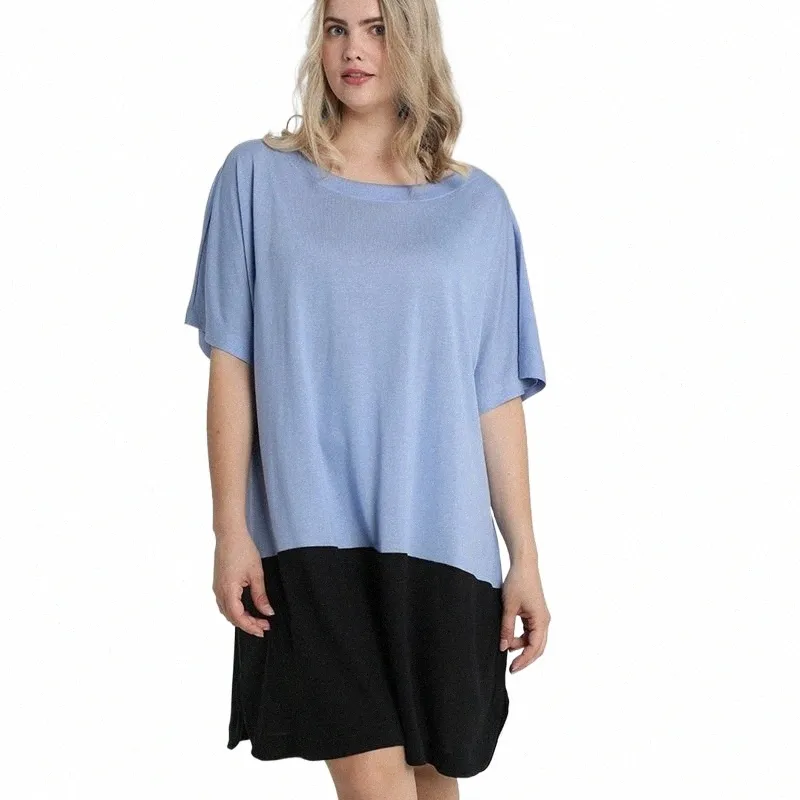 Plus-storlek kort batwing ärm sommar elegant tunika dr kvinnor färg blockerad lös casual rak t-shirt dr stor storlek 7xl z1lc#