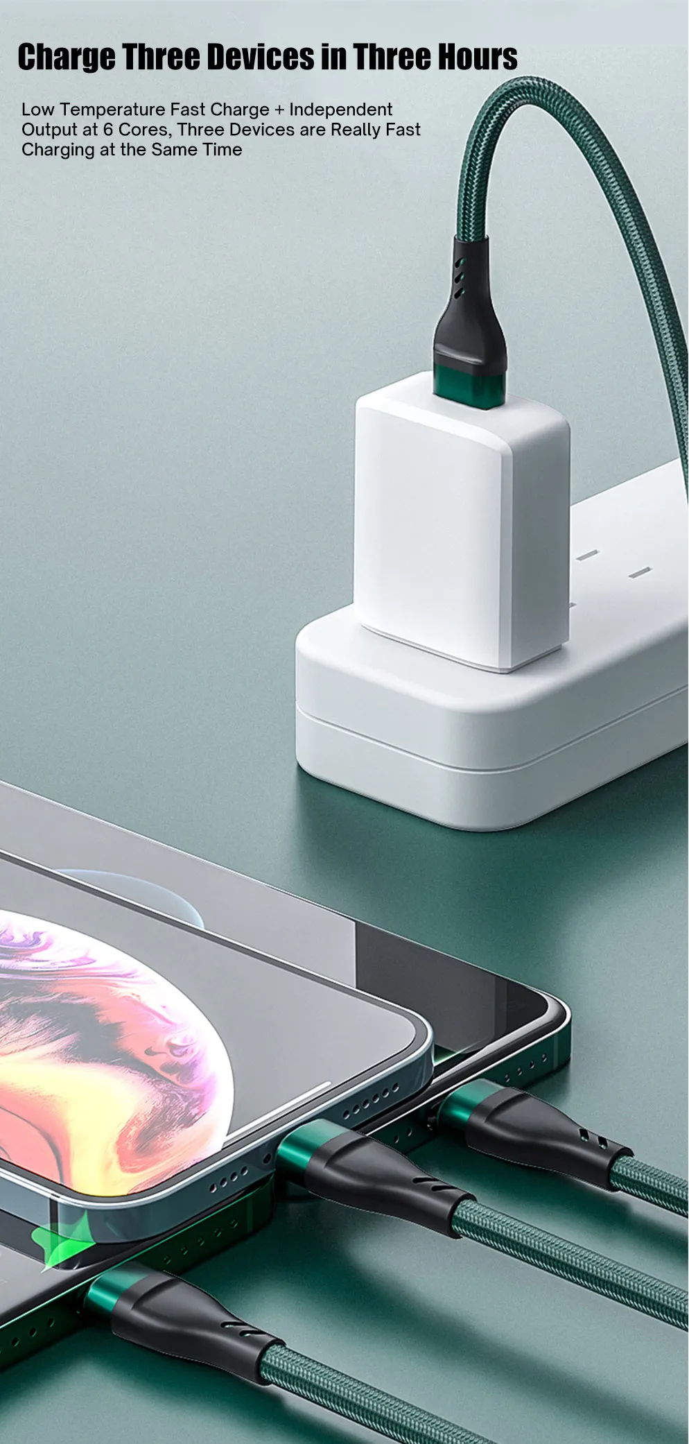 Câble De Charge Rapide 3-en-1 100W - Compatible IPhone, Xiaomi, Poco - Neuf