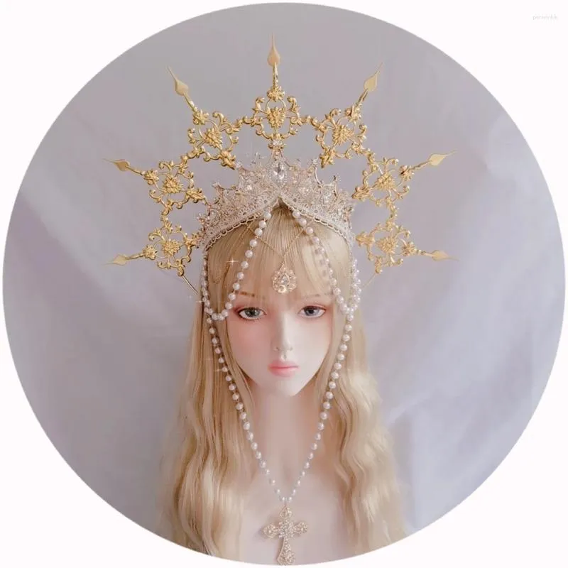 Party Supplies Sun Goddess Gold Spiked KC Halo Virgin Mary Cross Crown Headpiece Gothic Lolita Bead Chain Hair Accessories