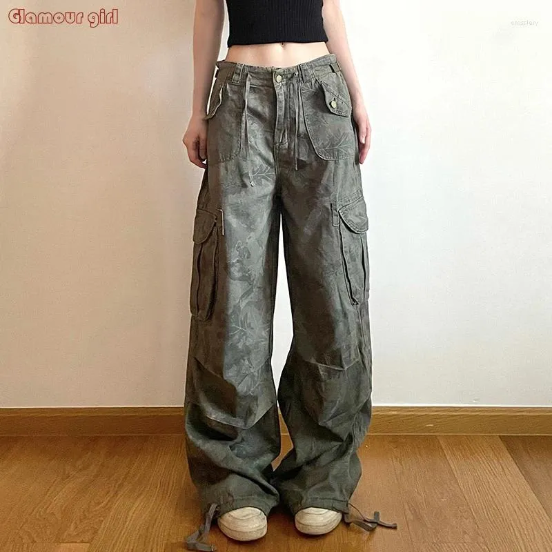 Calças femininas americanas retro camuflagem workwear para hip-hop versátil bonito solto encaixe denim tendência casual sweatpant