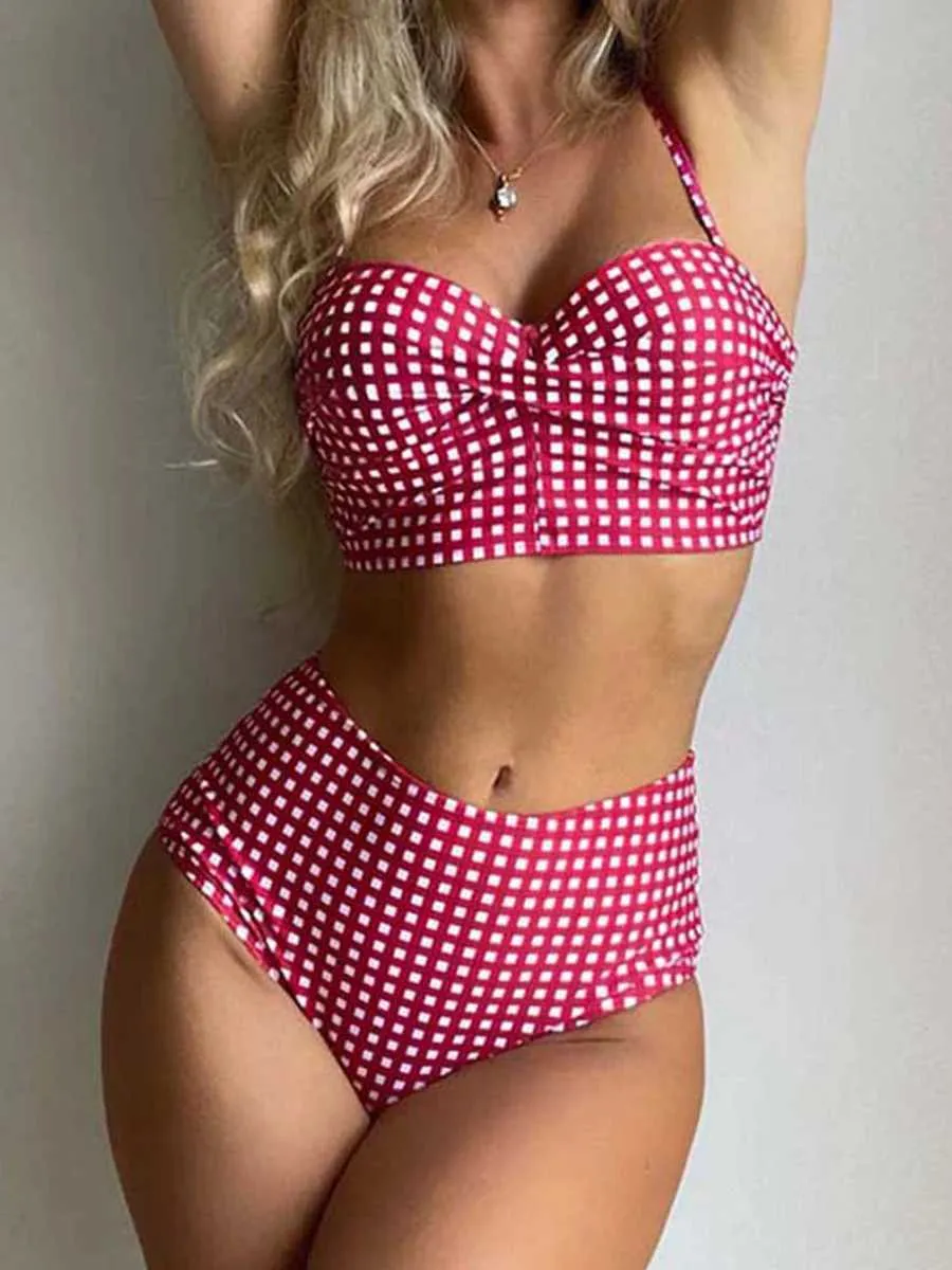 Damesbadmode Hoog getailleerde bikini 2023 dames gingham bedrukt badpak dames sexy schouderband badpak dames schort badpak J240330