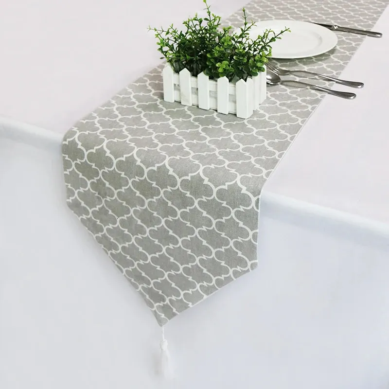 1pcs Gray Vintage Linen Table Runner Classic Table Cloth With Tassels Table Runners Modern Home el Party Dining Table Decor 240328