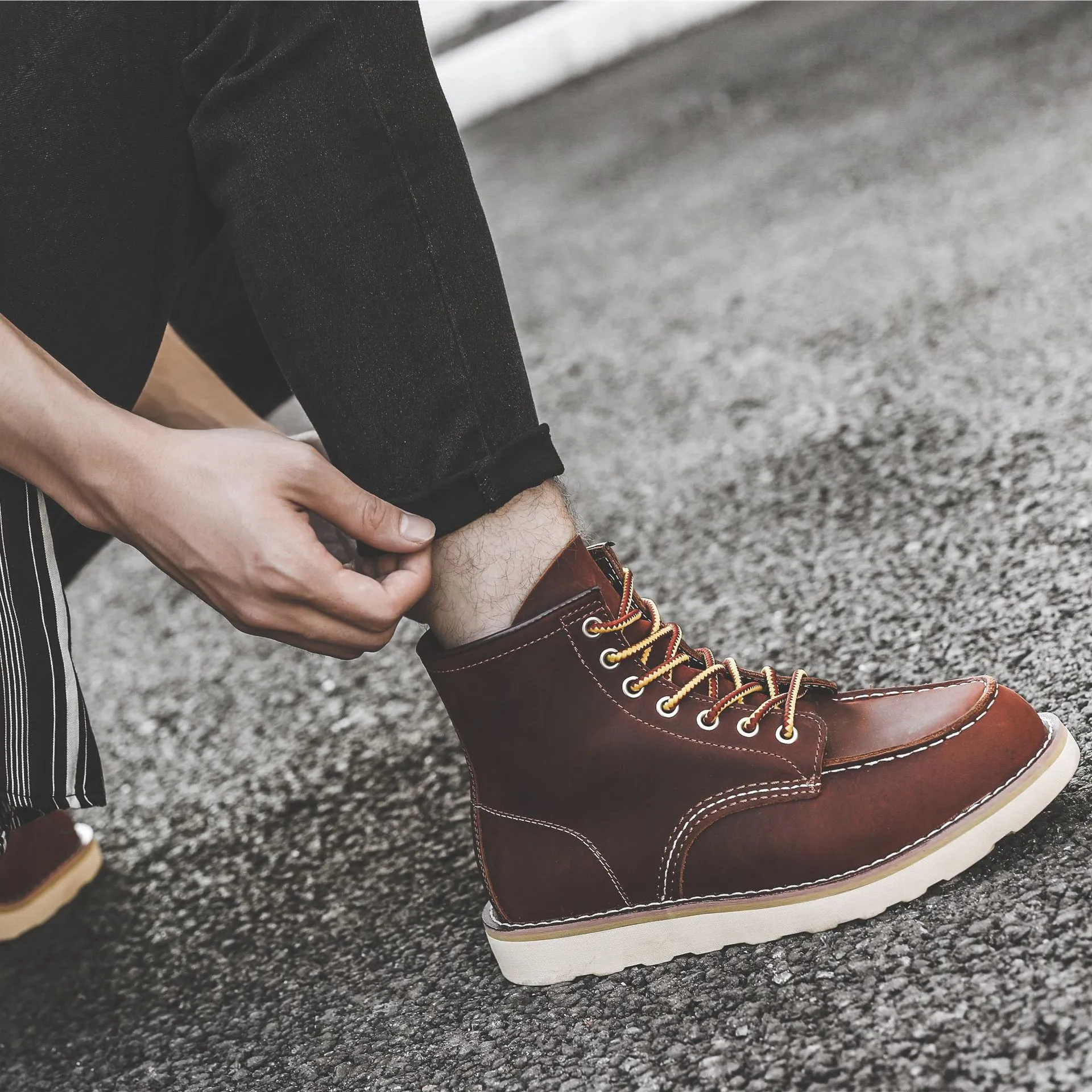 Herren Frühling Winter Freizeitschuhe Runde Zehen Echtleder Arbeitsstiefel Knöchel Vintage Militär Motorradstiefel Schnee Warm Große Größe_voghion.com