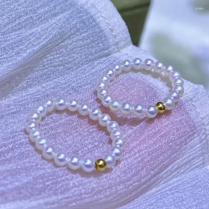 Klusterringar Grundläggande mångsidig stil Baby Pearl Ring med 2,5-3 mm riktiga sötvattenpärlor och 18K guldboll för enkel eller stapelbar bär