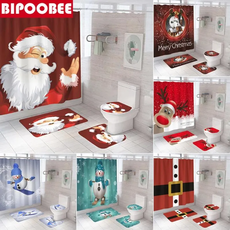 Shower Curtains Merry Christmas Bathroom Curtain Santa Claus Snowman Elk Bells Red Bath Mats Non Slip Rug Toilet Cover Party