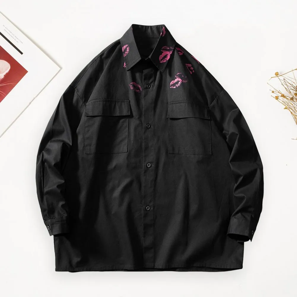 Kiss Manga Inspired Print Shirt Vintage Style Lapel Long Sleeve