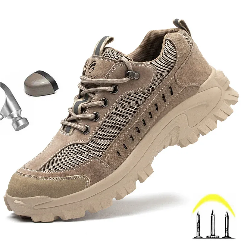 Boots Men Safety Work Shoes Leather Breathable Mesh Sneakers Steel Toe Work Protective Boot Man Antipuncture Work Shoe Indestructible