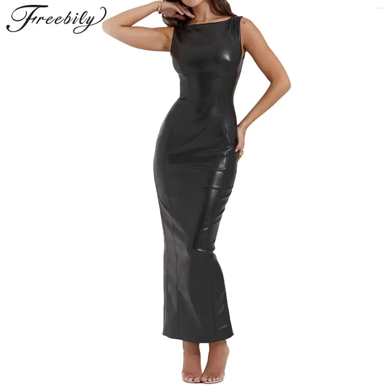 Casual Dresses Womens Bodycon Dress Pu Leather Sleeveless High midje Clubwear Night Club för cocktail Clubing Evening Party Gown