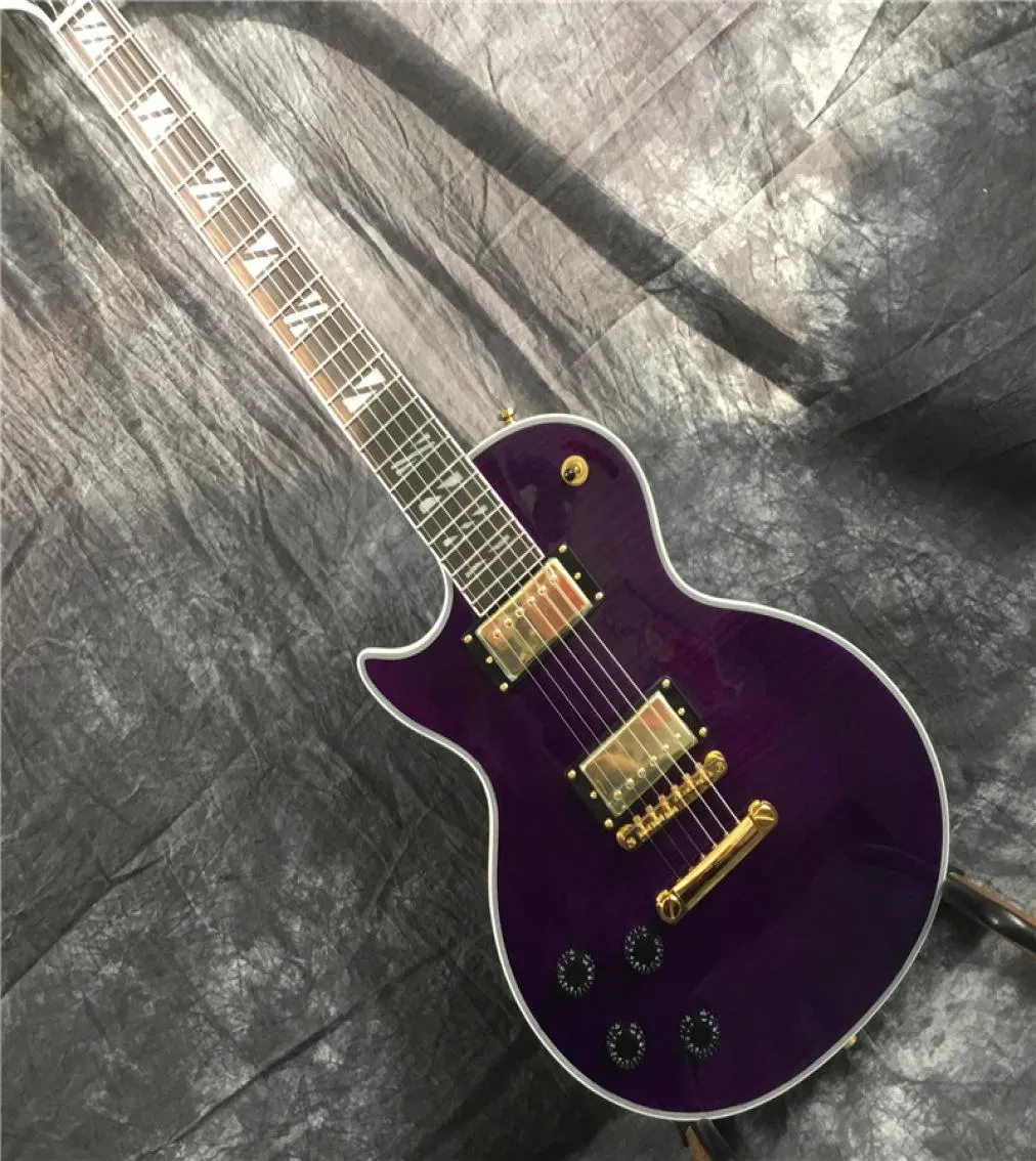 Linke Hand lila LP-Gitarre E-Gitarre Flammenahorn E-Gitarre goldene Hardware hohe Qualität 7872482