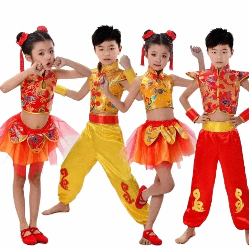 Enfants Drag Yangko Costumes de danse folklorique Hanfu moderne Filles Garçons Li Natial Wushu Kung Fu Costume de danse traditionnelle chinoise n66l #