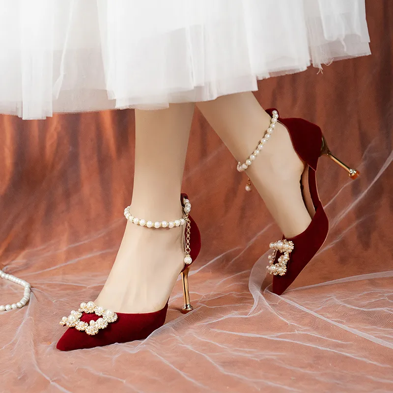 Elegant Pearl Crown Bride Pumps Women String Bead Ankle  display picture 1