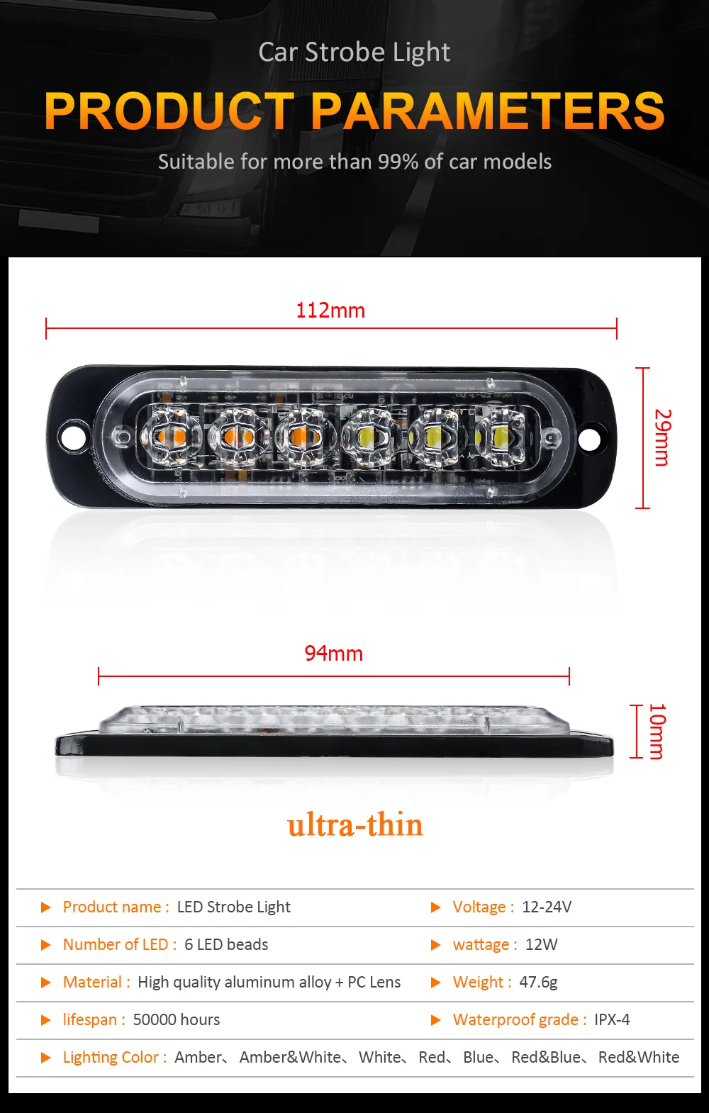 Ultra Bright 6 LED White Grille Warning Lights 6000K - 12V/24V Steady ...