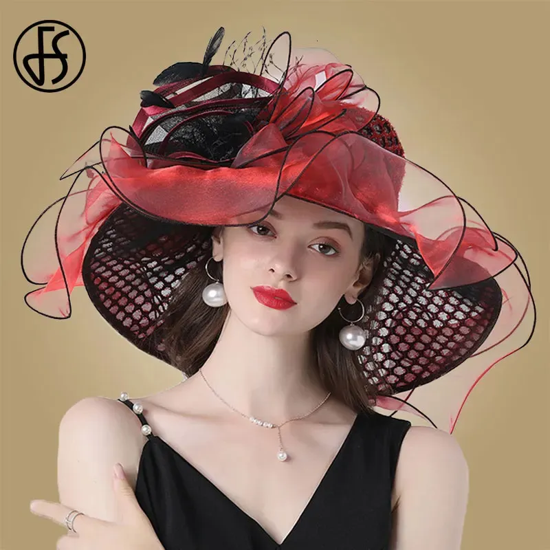 Ladies Fedora Hat Elegant Red Organza Wide Brim Fedora Hat  display picture 1