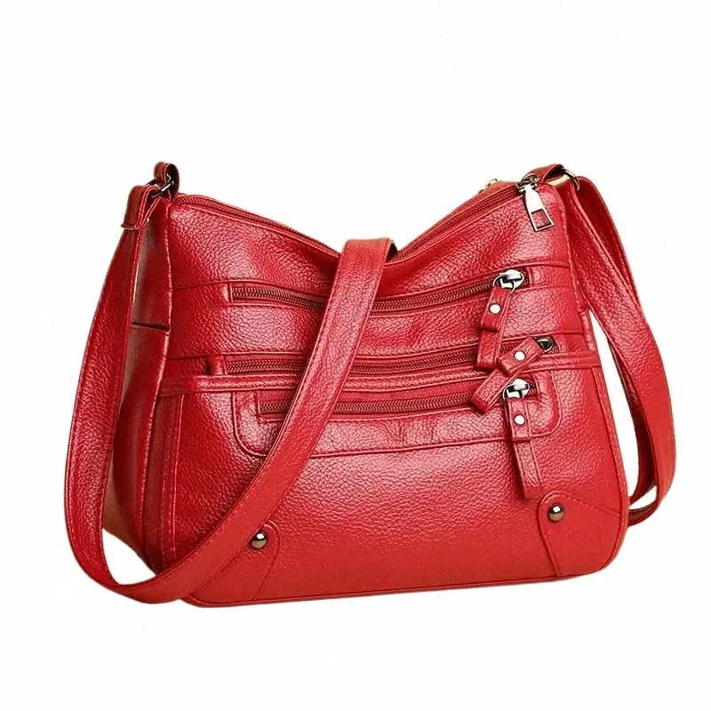 Large Leather Shoulder Bag for Women - Multi-Pocket Tote