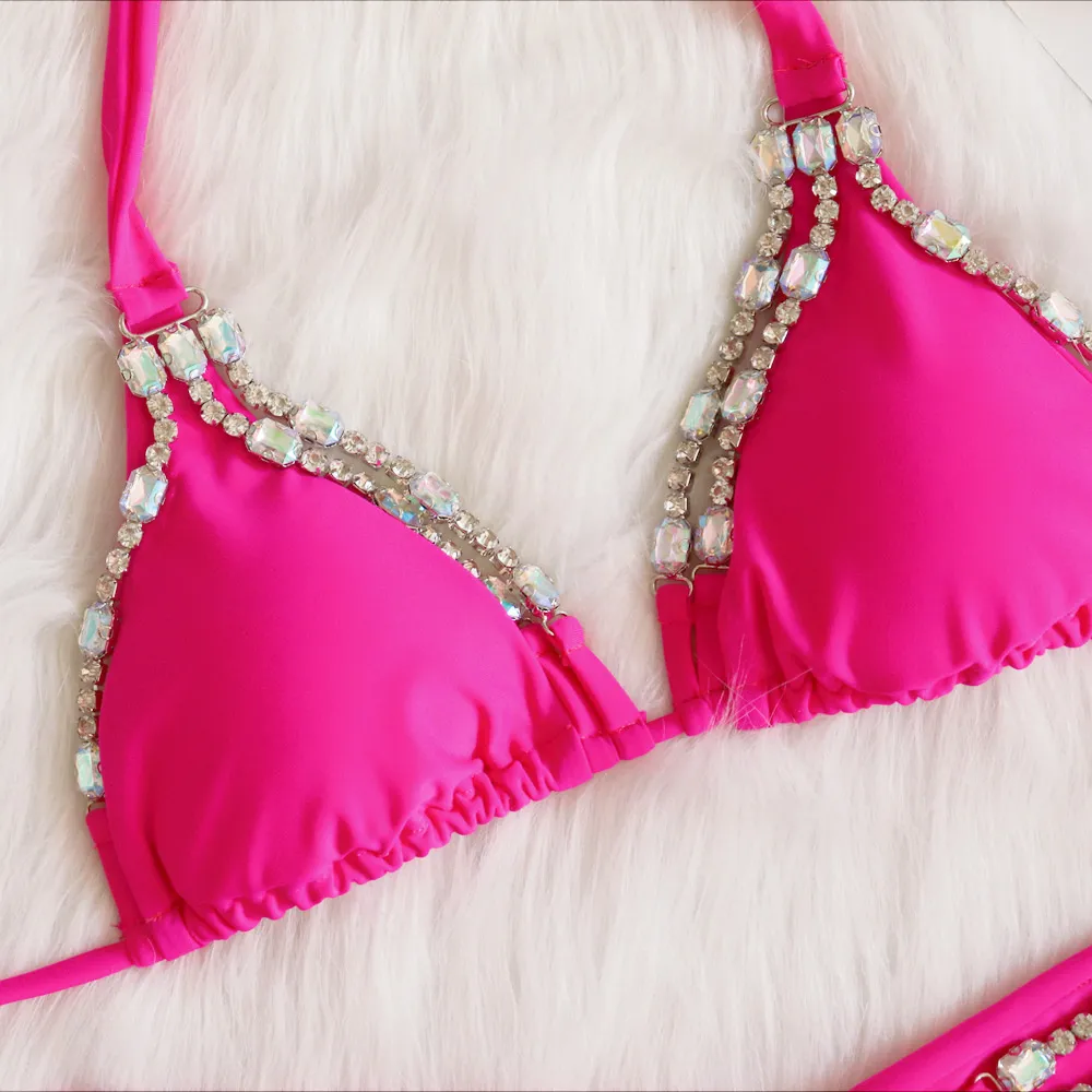 Rose Red Sexy Bikinis Swimsuit With Rhinestones Women Swimwear Female