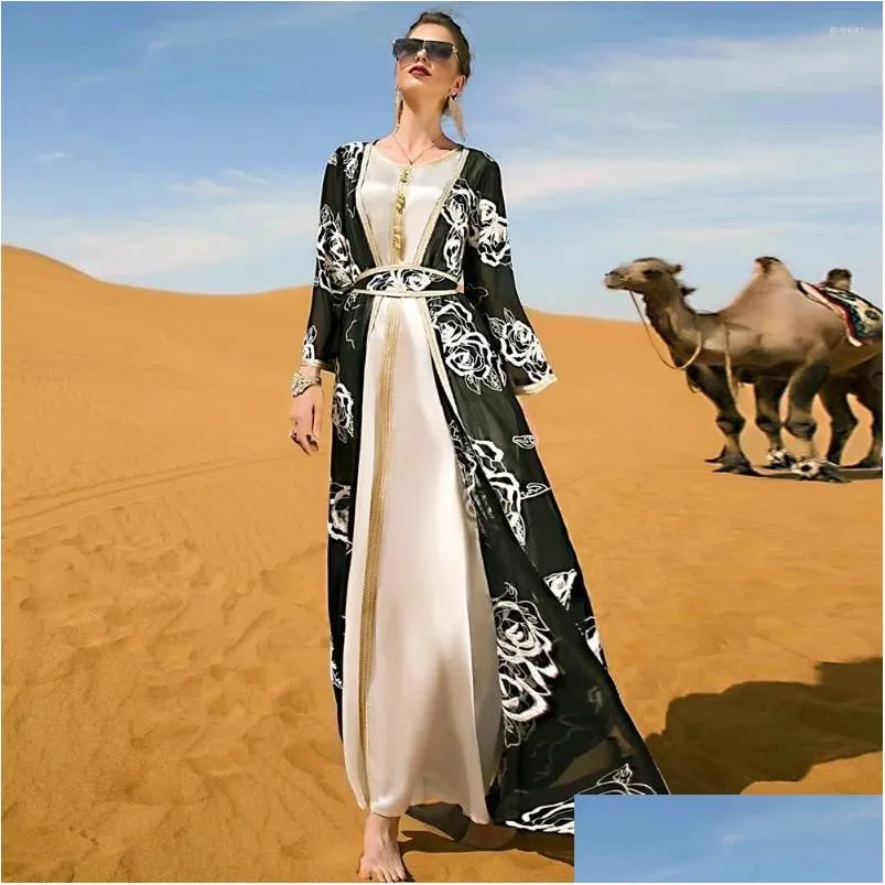 エスニック服2個セットオープンアバヤ刺繍袖のマキシドレス衣装イスラム教徒の女性着物ジャラビヤベルトカフタンドバイドロップDH4RK