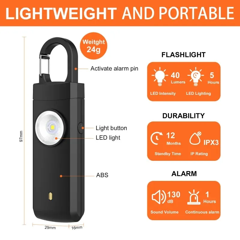 Zelfverdediging LED-zaklamp USB oplaadbare sleutelhangerlamp met veiligheidsalarm Beschermende benodigdheden Dames Outdoor Emergency Tool