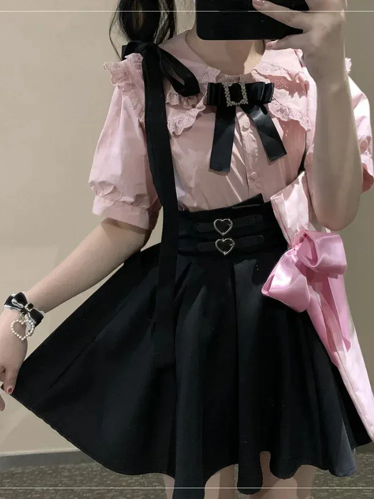 Мини-юбка на подтяжках в японском стиле Лолита с высокой талией Y2k, эстетичная милая женская однотонная уличная одежда, готическая Jk Saia Feminina Harajuku Jupe 240315