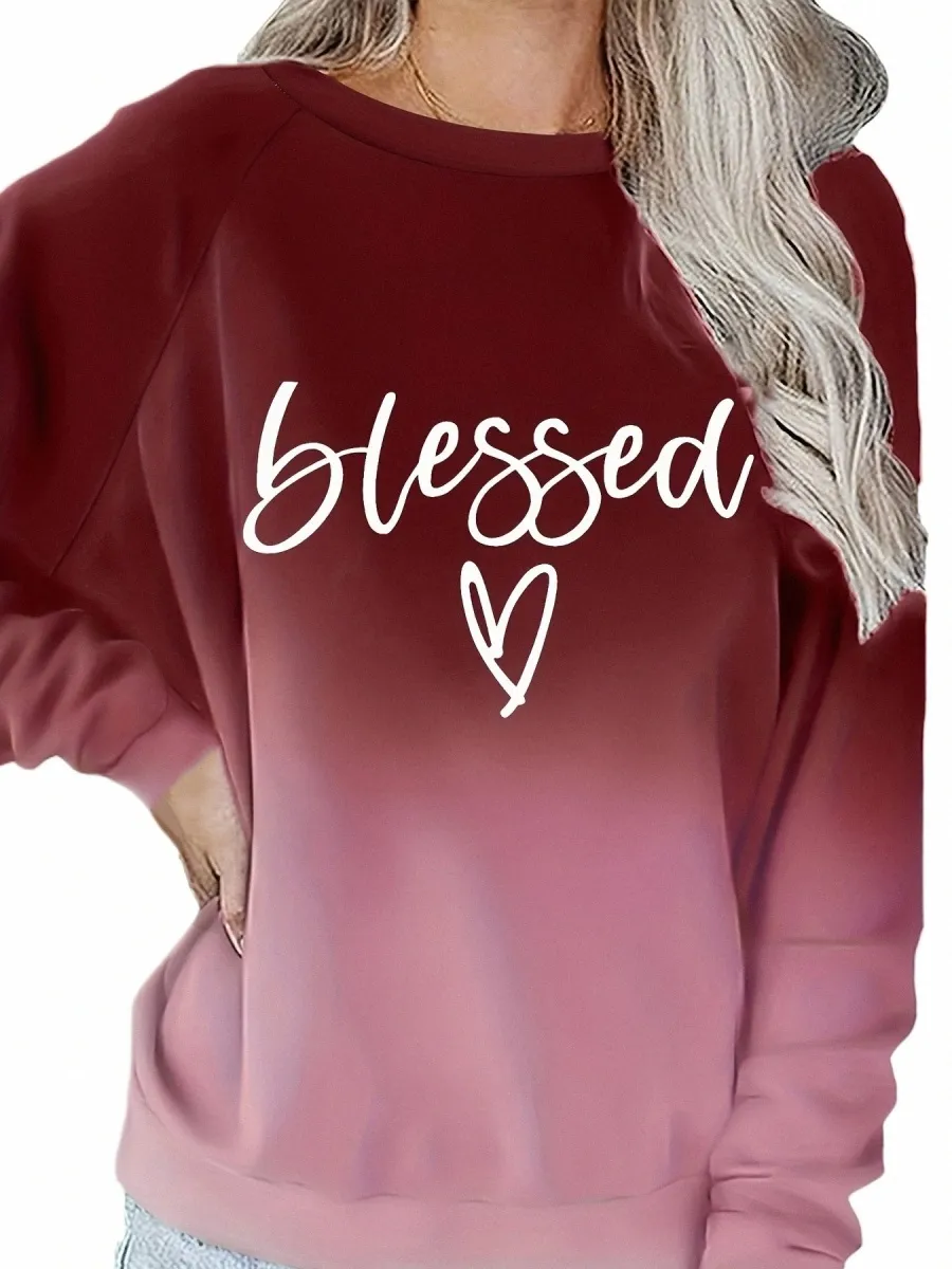 Sudadera informal de primavera de talla grande, jersey con estampado de corazón y letras ombré para mujer, manga raglán, cuello redondo, Jersey elástico ligero, Top X53L #