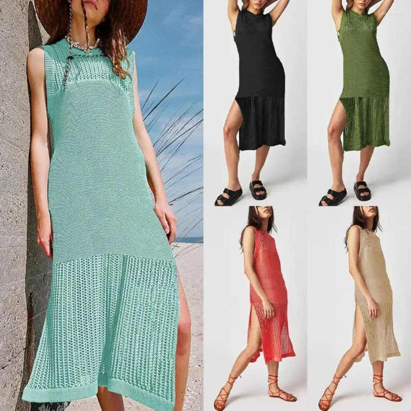 Mulheres sexy crochê maiô cover ups sem mangas oco para fora longo nadar coverup 2024 malha dividida cor sólida vestido de praia