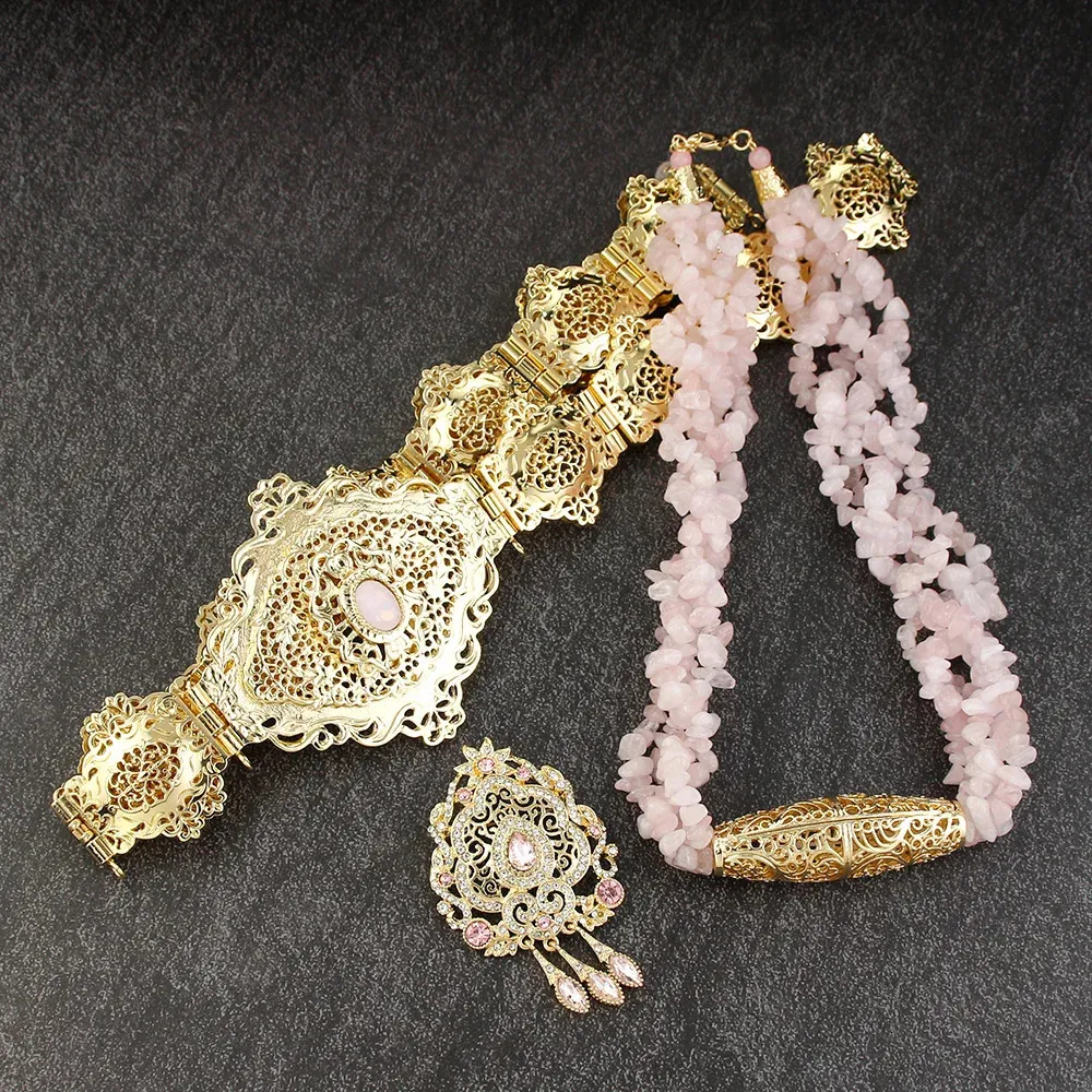 Neovisson Marocko Pink Stone utsökta smycken sätter Metal Belt Multilayer Choker Neckalce Brosch Arabic Clothing Accessorie 240315