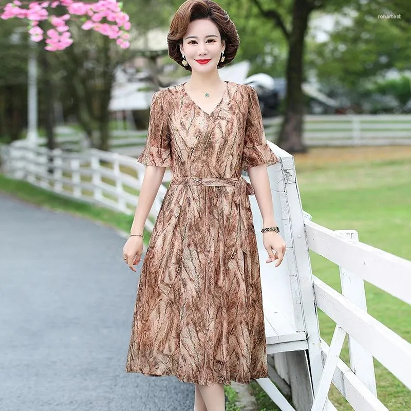 Casual Dresses Elegant Print A-Line Dress for 2024 Women Party Summer Short Sleeve Kne-Length Tulle Robe Femme Vestidos