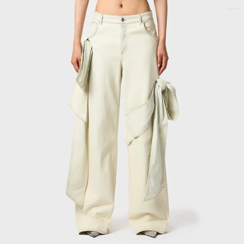 Pantalon Vintage délavé pour femmes, jean péplum ample, droit, nœud tridimensionnel, décoration, printemps et été Y2k 2024