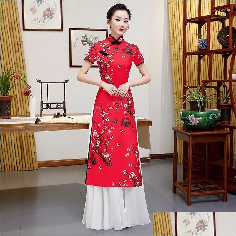 Abbigliamento etnico Donna Vietnam Abito tradizionale Donna Vietnamita Ao Dai Lungo Cheongsam Qipao Robe Orientale Abiti da festa Cina Drop D Otf4I